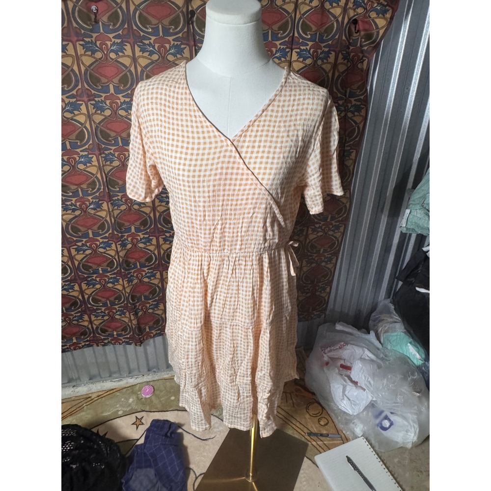 Roxy‎ Girls Dress Size 16/XXL Peach Gingham Check Short Sleeve Wrap